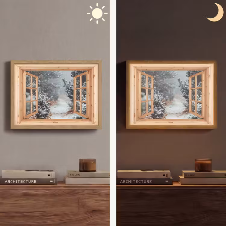 Bos - Winter - Bomen - Natuur - Pad - Doorkijk Light Box met batterij (Wandlamp) middel -sfeer3