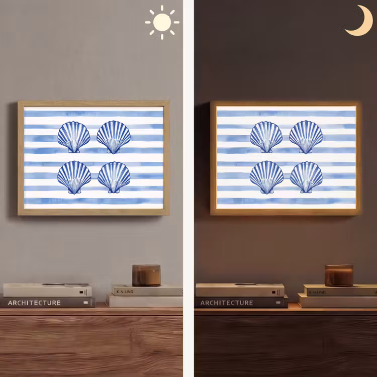 Vier schelpen - Blauw - Wit - Strepen Light Box met batterij (Wandlamp) middel -sfeer3