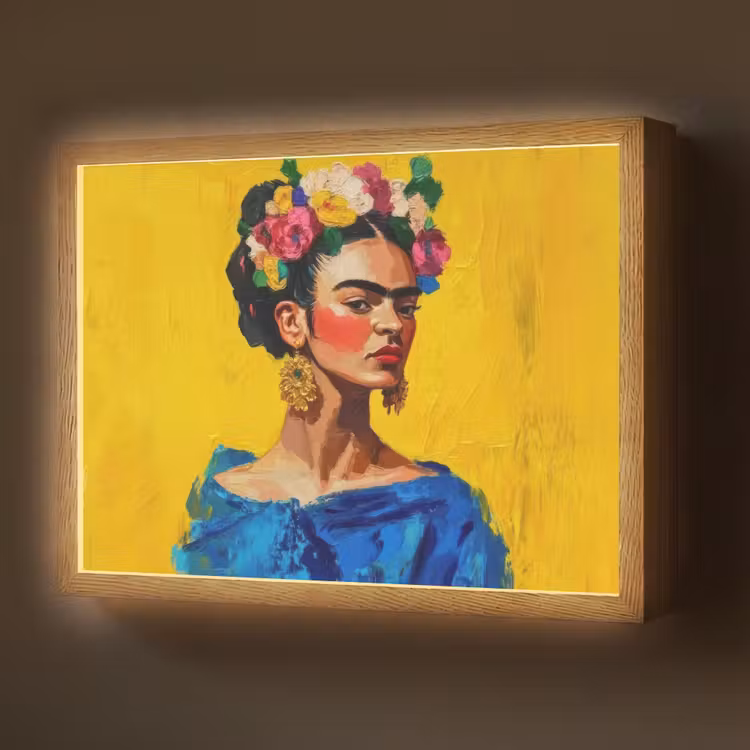 Frida Kahlo - Vrouw - Geel - Blauw - Bloemen Light Box met batterij (Wandlamp) middel -z3d_website