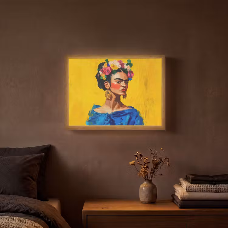 Frida Kahlo - Vrouw - Geel - Blauw - Bloemen Light Box met batterij (Wandlamp) middel -sfeer4