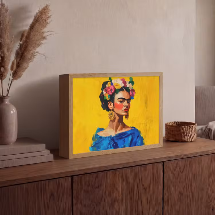 Frida Kahlo - Vrouw - Geel - Blauw - Bloemen Light Box met batterij (Wandlamp) middel -sfeer2