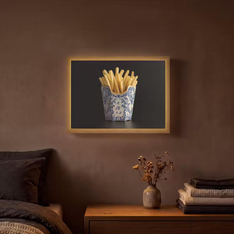 Friet - Porselein - Delfts blauw - Eten Light Box met batterij (Wandlamp) middel -sfeer4