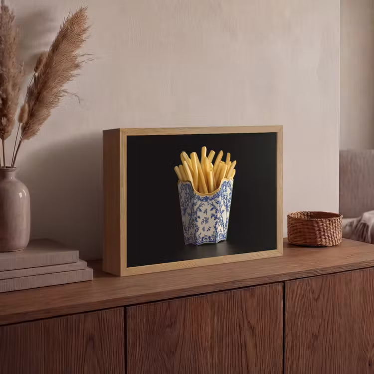 Friet - Porselein - Delfts blauw - Eten Light Box met batterij (Wandlamp) middel -sfeer2