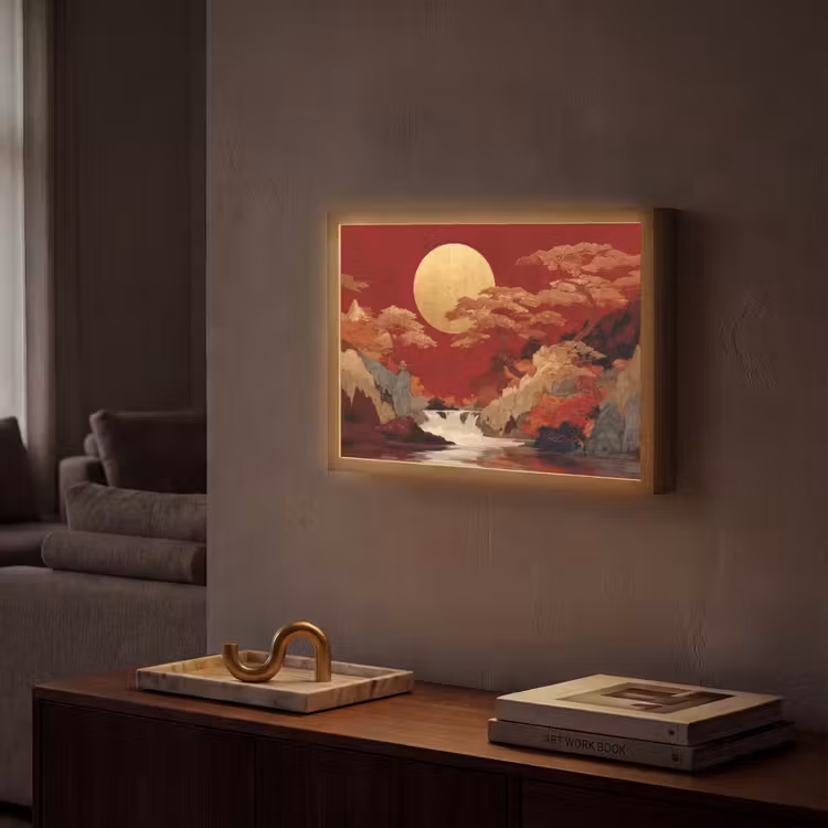Volle maan - Landschap - Waterval Light Box met batterij (Wandlamp) middel -sfeer1
