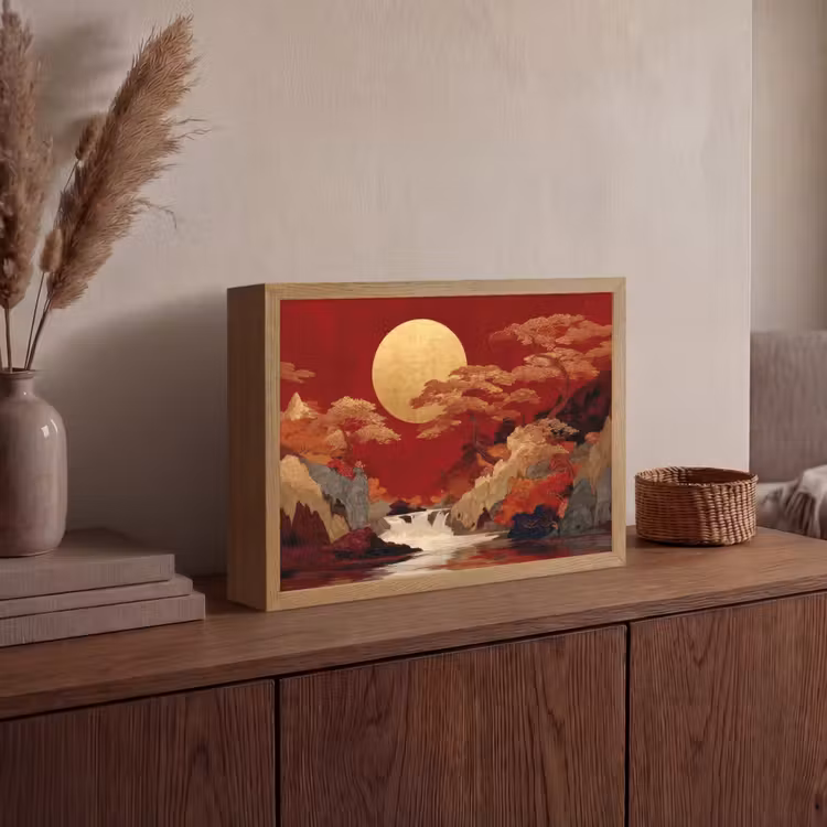 Volle maan - Landschap - Waterval Light Box met batterij (Wandlamp) middel -sfeer2