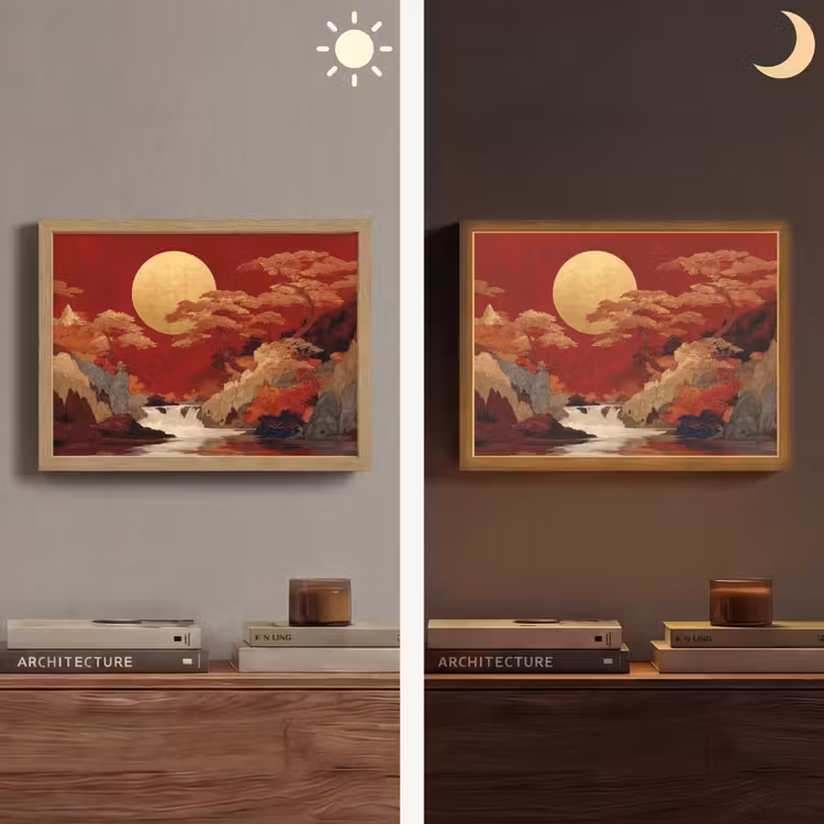 Volle maan - Landschap - Waterval Light Box met batterij (Wandlamp) middel -sfeer3