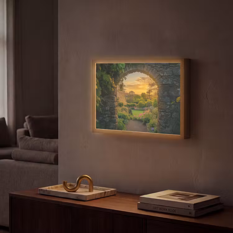 Poort - Planten - Zonsondergang Light Box met batterij (Wandlamp) middel -sfeer1