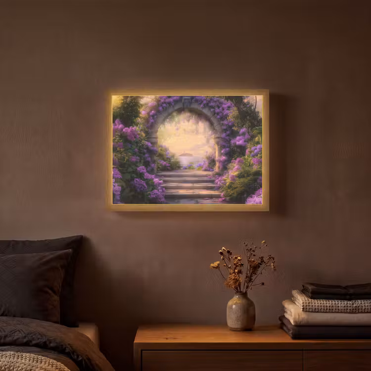 Poort - Paars - Bloemen Light Box met batterij (Wandlamp) middel -sfeer4