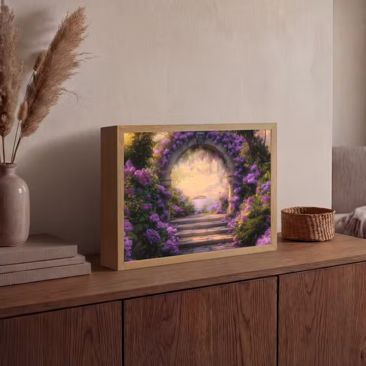 Poort - Paars - Bloemen Light Box met batterij (Wandlamp) middel -sfeer2