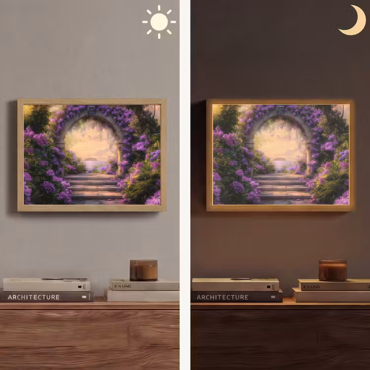 Poort - Paars - Bloemen Light Box met batterij (Wandlamp) middel -sfeer3