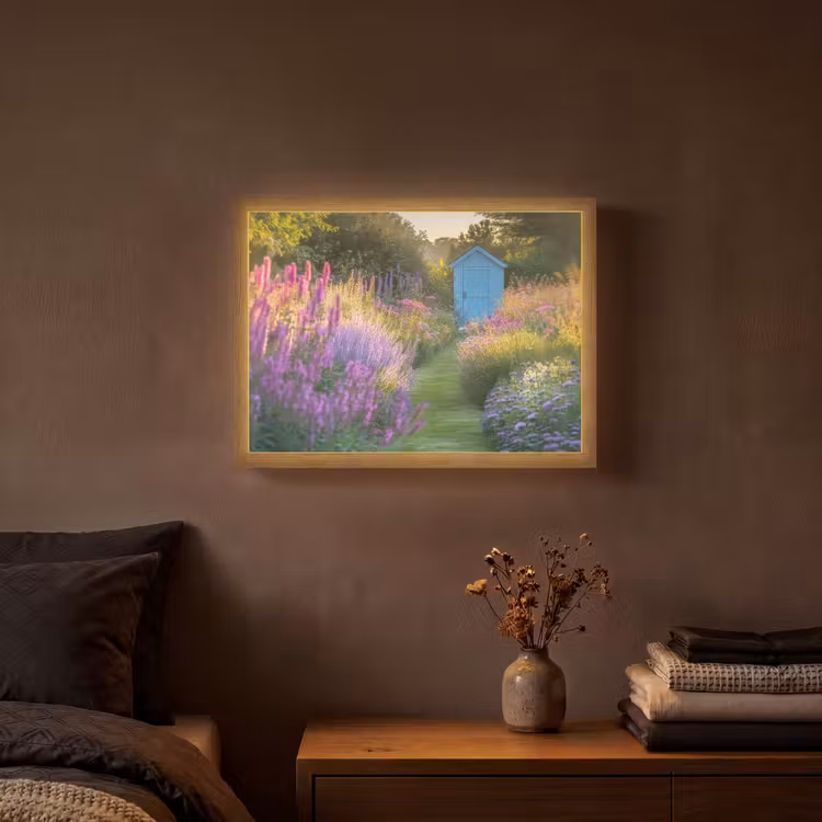 Tuinhuisje - Blauw - Bloemen Light Box met batterij (Wandlamp) middel -sfeer4