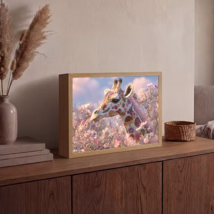 Giraffe - Bloemen - Roze Light Box met batterij (Wandlamp) middel -sfeer2