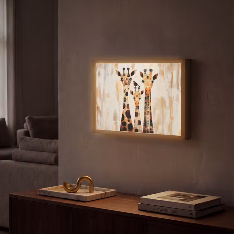 Giraffen - Cartoon - Crème Light Box met batterij (Wandlamp) middel -sfeer1