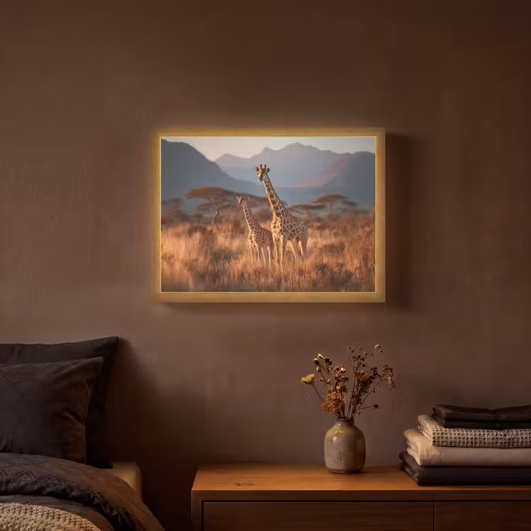 Giraffen - Hoog gras - Acaciabomen Light Box met batterij (Wandlamp) middel -sfeer4