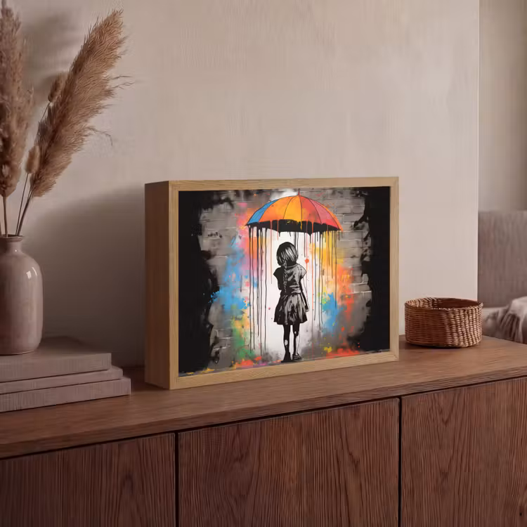 Meisje - Kunst - Paraplu - Graffiti - Kleuren - Muur Light Box met batterij (Wandlamp) middel -sfeer2