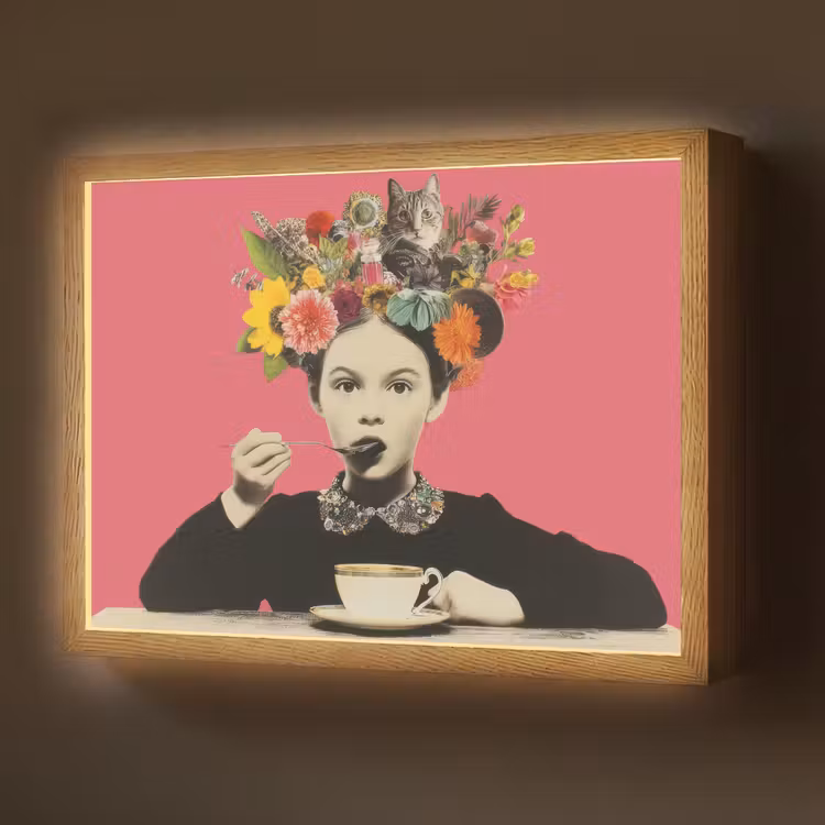 Meisje - Kopje - Bloemen - Roze Light Box met batterij (Wandlamp) middel -z3d_website