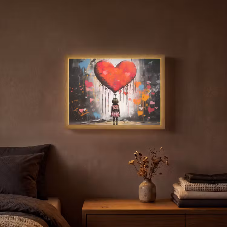 Meisje - Hart - Graffiti - Kunst - Kleuren - Rood Light Box met batterij (Wandlamp) middel -sfeer4