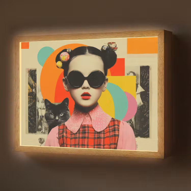 Meisje - Zonnebril - Kat - Retro Light Box met batterij (Wandlamp) middel -z3d_website
