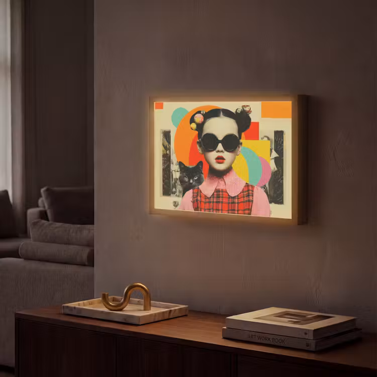 Meisje - Zonnebril - Kat - Retro Light Box met batterij (Wandlamp) middel -sfeer1
