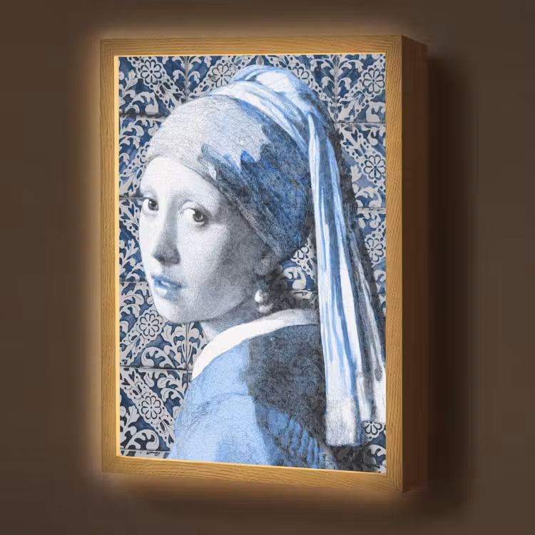Meisje met de parel - Johannes Vermeer - Delfts blauw Light Box met batterij (Wandlamp) middel -z3d_website