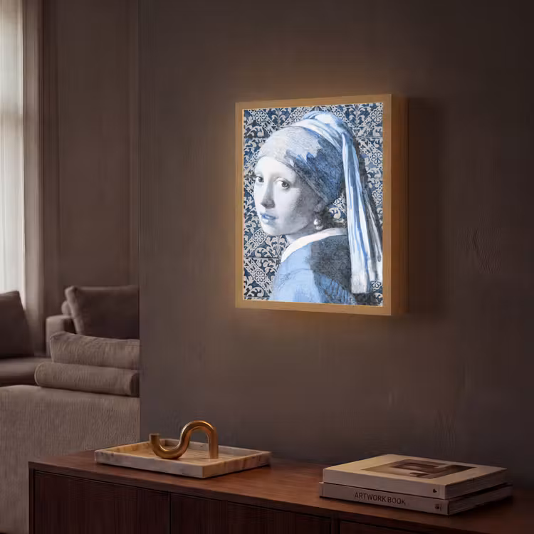 Meisje met de parel - Johannes Vermeer - Delfts blauw Light Box met batterij (Wandlamp) middel -sfeer1