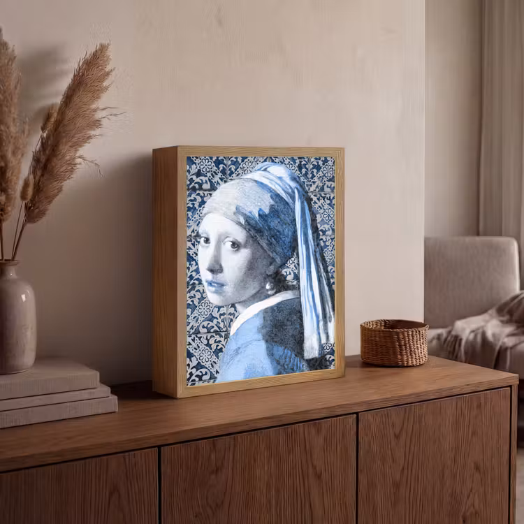 Meisje met de parel - Johannes Vermeer - Delfts blauw Light Box met batterij (Wandlamp) middel -sfeer2