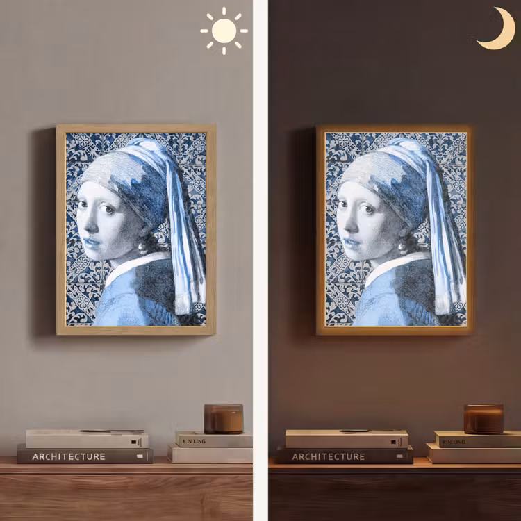 Meisje met de parel - Johannes Vermeer - Delfts blauw Light Box met batterij (Wandlamp) middel -sfeer3