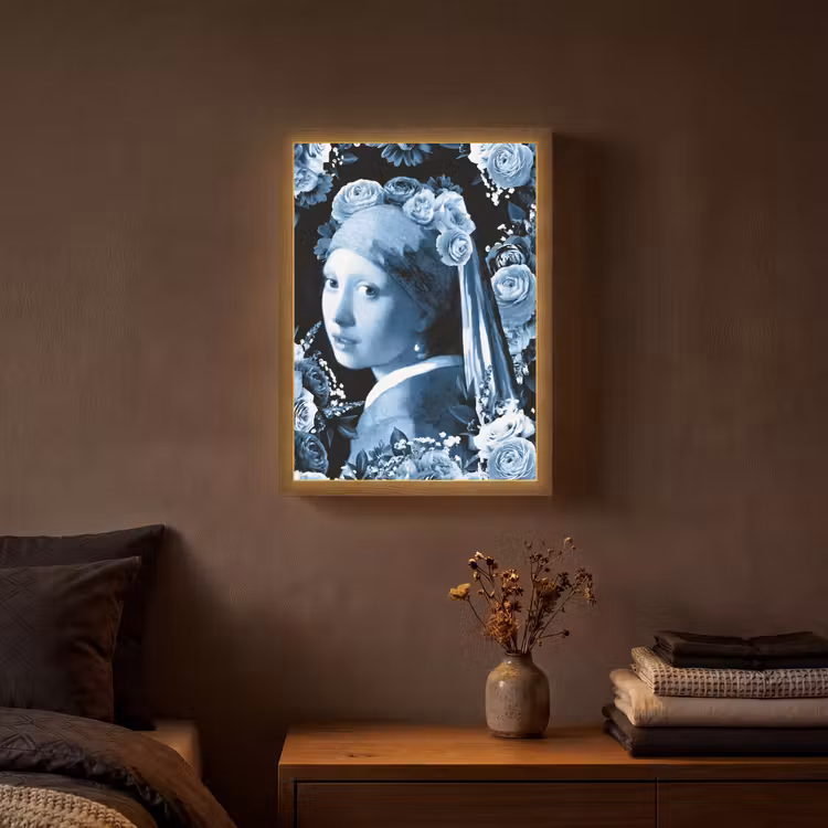 Meisje met de parel - Johannes Vermeer - Delfts blauw Light Box met batterij (Wandlamp) middel -sfeer4