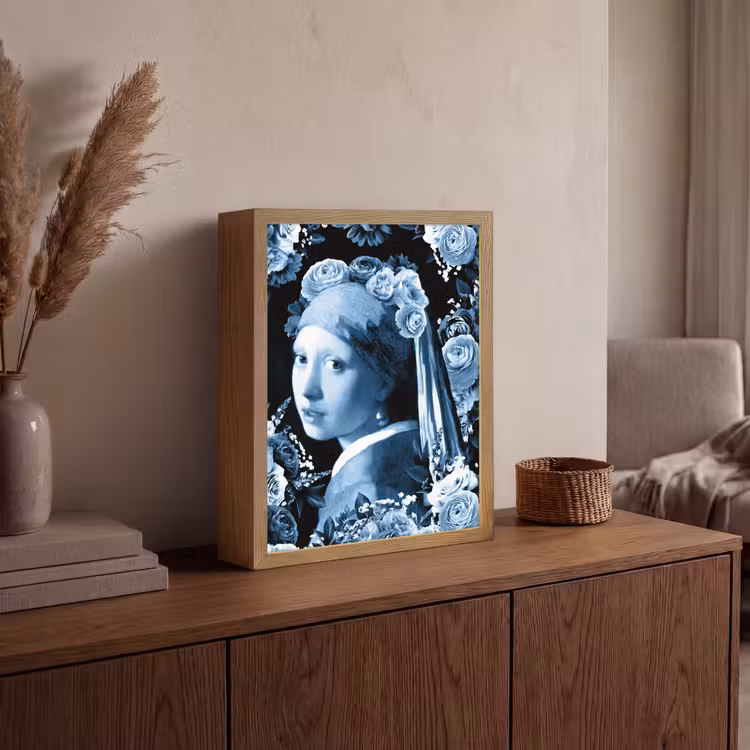 Meisje met de parel - Johannes Vermeer - Delfts blauw Light Box met batterij (Wandlamp) middel -sfeer2