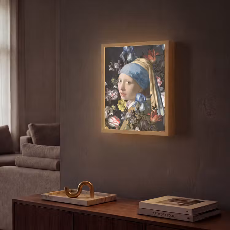 Meisje met de parel - Johannes Vermeer - Bloemen Light Box met batterij (Wandlamp) middel -sfeer1
