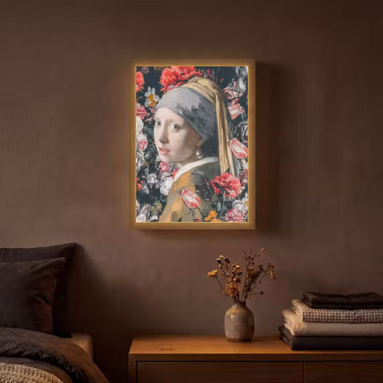 Das Mädchen mit dem Perlenohrring - Johannes Vermeer - Blumen Light Box met batterij (Wandlamp) middel -sfeer4