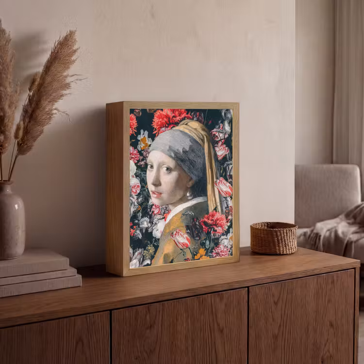 Das Mädchen mit dem Perlenohrring - Johannes Vermeer - Blumen Light Box met batterij (Wandlamp) middel -sfeer2