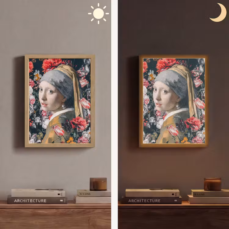 Das Mädchen mit dem Perlenohrring - Johannes Vermeer - Blumen Light Box met batterij (Wandlamp) middel -sfeer3
