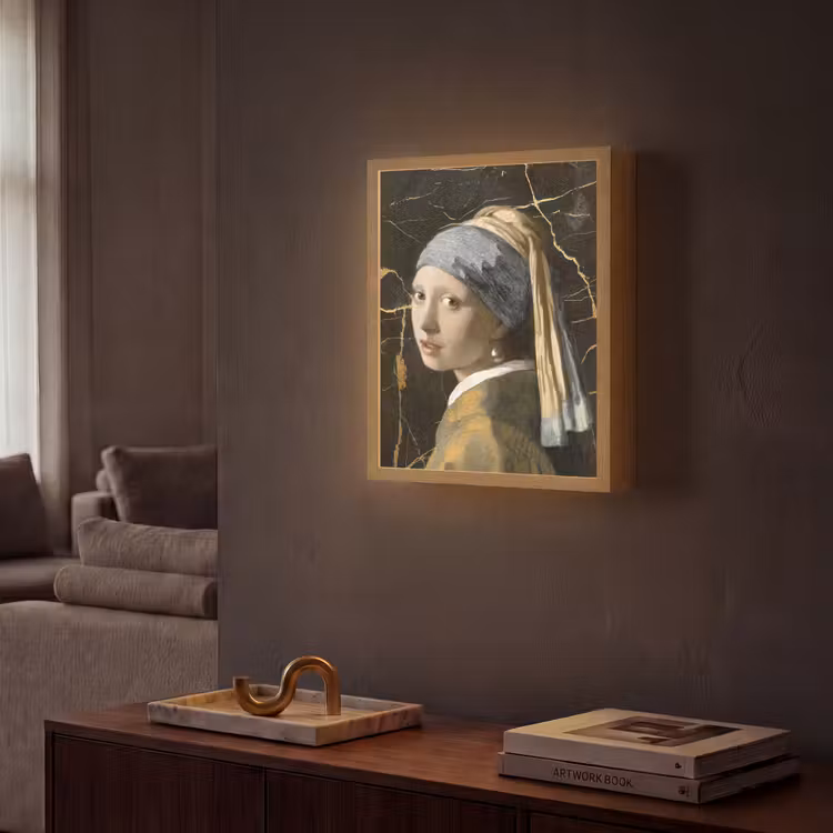 Meisje met de parel - Johannes Vermeer - Goud Light Box met batterij (Wandlamp) middel -sfeer1