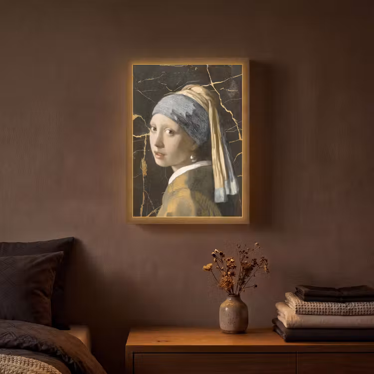 Meisje met de parel - Johannes Vermeer - Goud Light Box met batterij (Wandlamp) middel -sfeer4