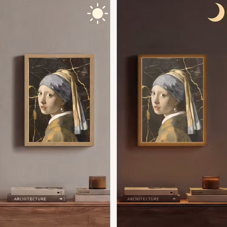 Meisje met de parel - Johannes Vermeer - Goud Light Box met batterij (Wandlamp) middel -sfeer3