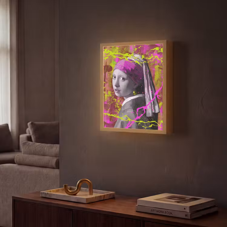 Meisje met de parel - Johannes Vermeer - Neon Light Box met batterij (Wandlamp) middel -sfeer1