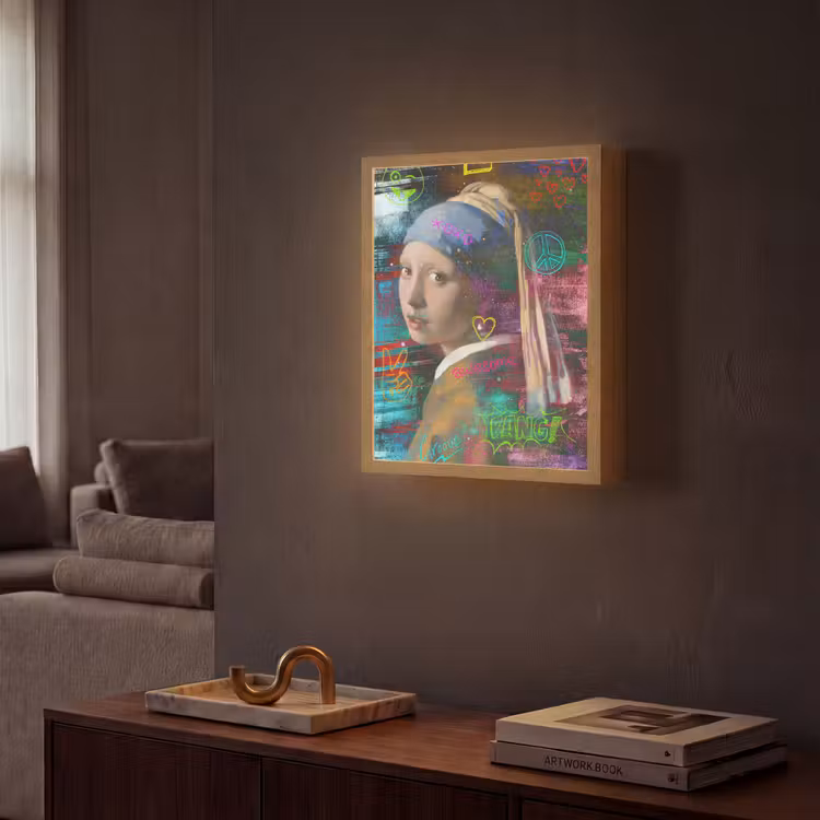 Meisje met de parel - Johannes Vermeer - Neon Light Box met batterij (Wandlamp) middel -sfeer1