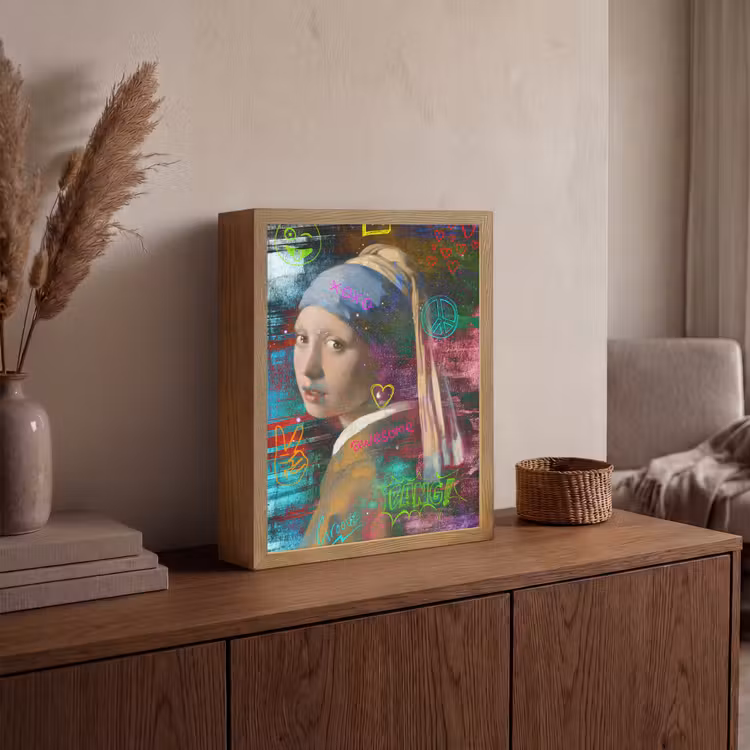 Meisje met de parel - Johannes Vermeer - Neon Light Box met batterij (Wandlamp) middel -sfeer2