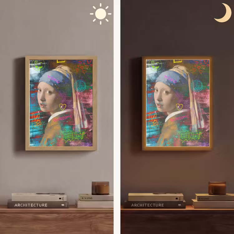 Meisje met de parel - Johannes Vermeer - Neon Light Box met batterij (Wandlamp) middel -sfeer3