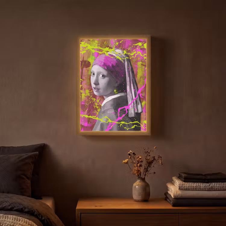 Meisje met de parel - Johannes Vermeer - Neon Light Box met batterij (Wandlamp) middel -sfeer4