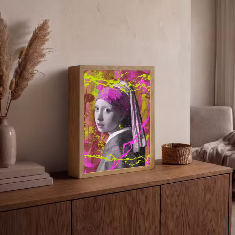 Meisje met de parel - Johannes Vermeer - Neon Light Box met batterij (Wandlamp) middel -sfeer2
