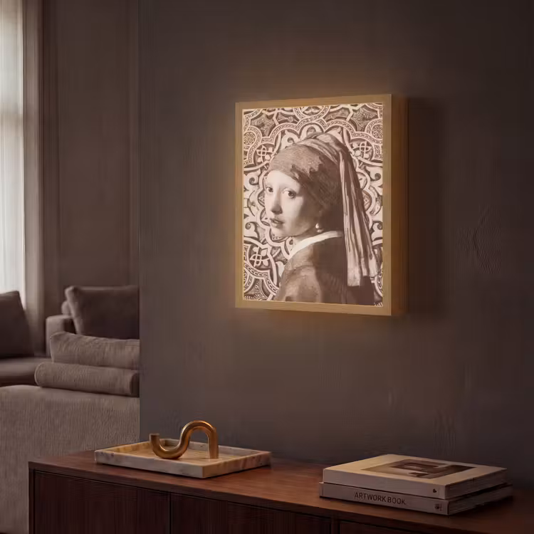 Meisje met de parel - Johannes Vermeer - Sepia Light Box met batterij (Wandlamp) middel -sfeer1