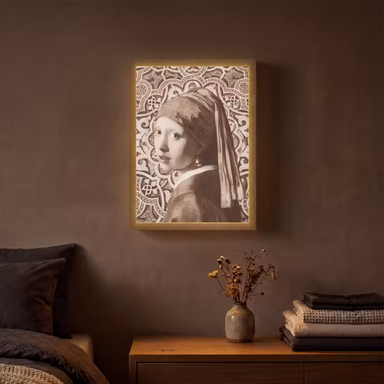 Meisje met de parel - Johannes Vermeer - Sepia Light Box met batterij (Wandlamp) middel -sfeer4