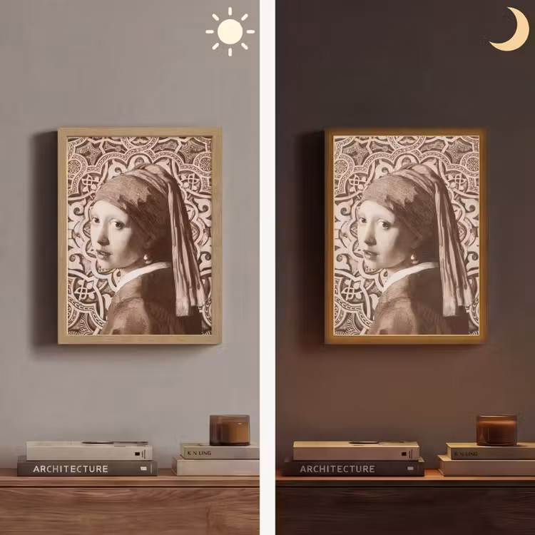Meisje met de parel - Johannes Vermeer - Sepia Light Box met batterij (Wandlamp) middel -sfeer3