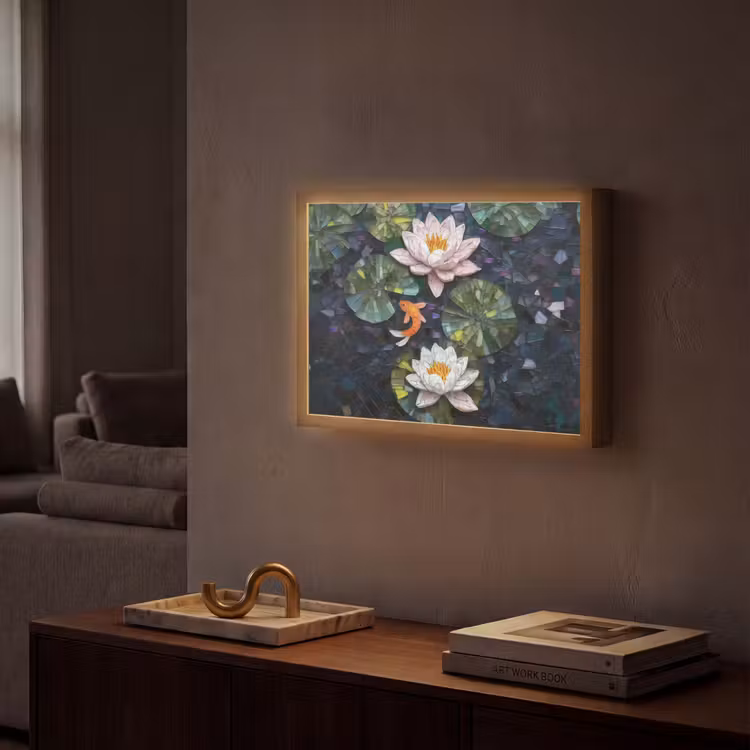Glasstukjes - Leliebladeren - Vis - Oranje Light Box met batterij (Wandlamp) middel -sfeer1