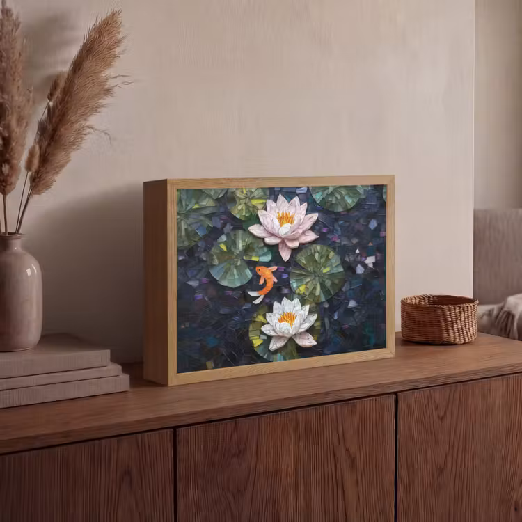Glasstukjes - Leliebladeren - Vis - Oranje Light Box met batterij (Wandlamp) middel -sfeer2