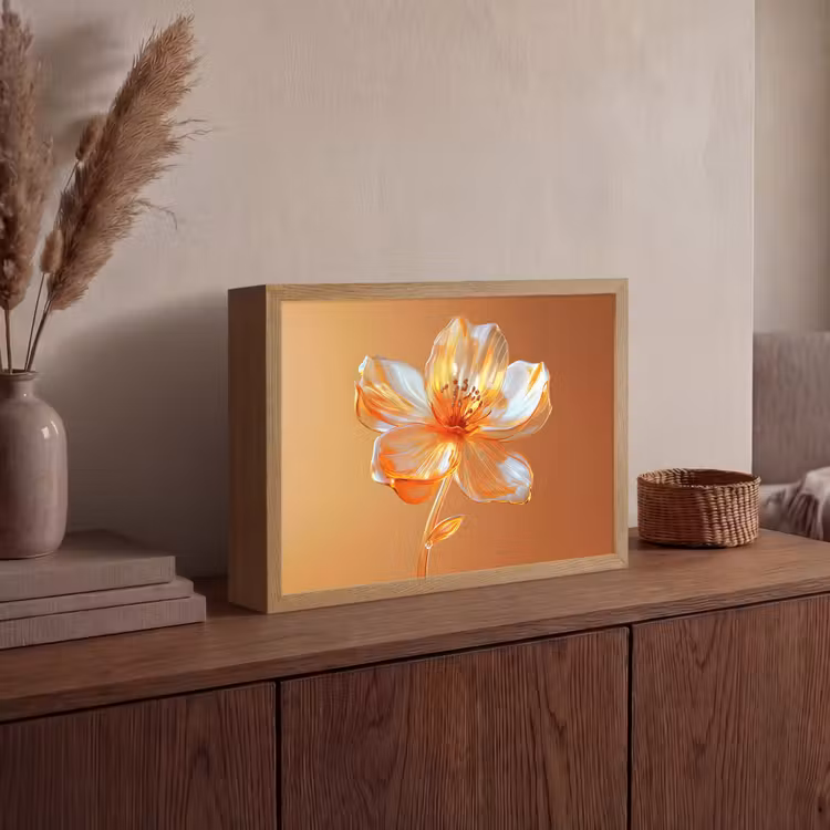 Glazen - Bloem - Oranje Light Box met batterij (Wandlamp) middel -sfeer2