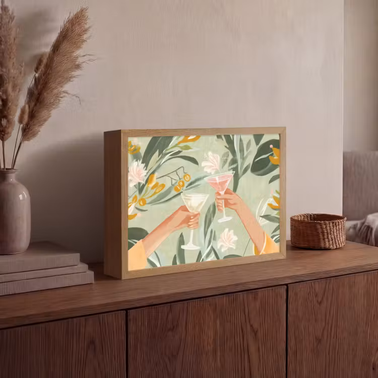 Glazen - Proosten - Bladeren - Groen Light Box met batterij (Wandlamp) middel -sfeer2