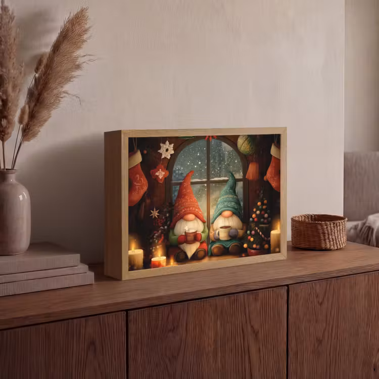 Gnooms - Kerst - Raam - Kleurrijk Light Box met batterij (Wandlamp) middel -sfeer2